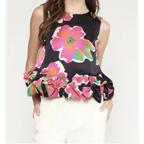 entro Tops - Entro Ruffle Hem Crop Sleeveless Top Size L Floral Colorful Satin Look NWT